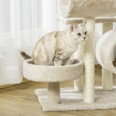 PawHut Драбина-когтеточка для котів з іграшками та тунелем Бежева 50x40x105 см для любителів котів та розваг