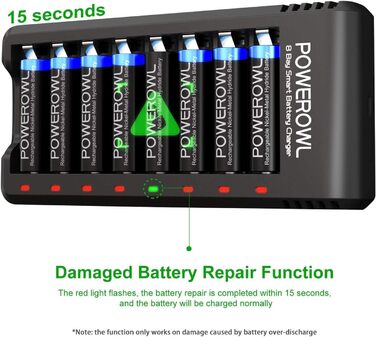 Зарядний пристрій PowerOWL для акумуляторів AAA Pro, комплект 8 шт. + 8 акумуляторів AAA, перезаряджувані (NIMH)