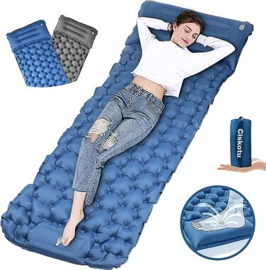 Килимок туристичний самонадувний Ciskotu 8 см з подушкою для кемпінгу, пікніків та подорожей (синьо-сірий)