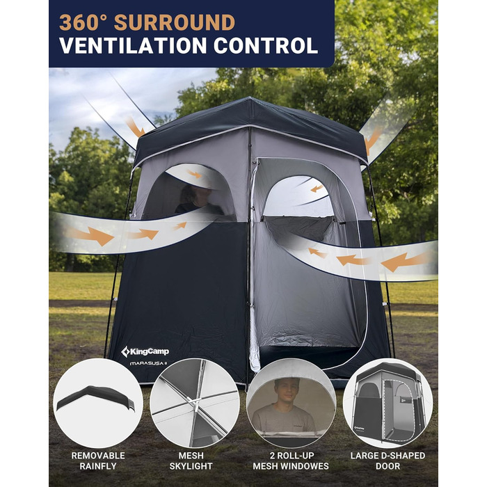 Намет для душу KingCamp великого розміру для кемпінгу, переодягання, приватність, чорний/сірий, 200 x 105 x 203 см