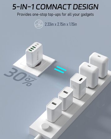 Багатопортовий зарядний пристрій Gcstnn 50W з 2 USB-C та 3 USB-A портами (білий) - для iPhone, iPad, Samsung Galaxy, Google