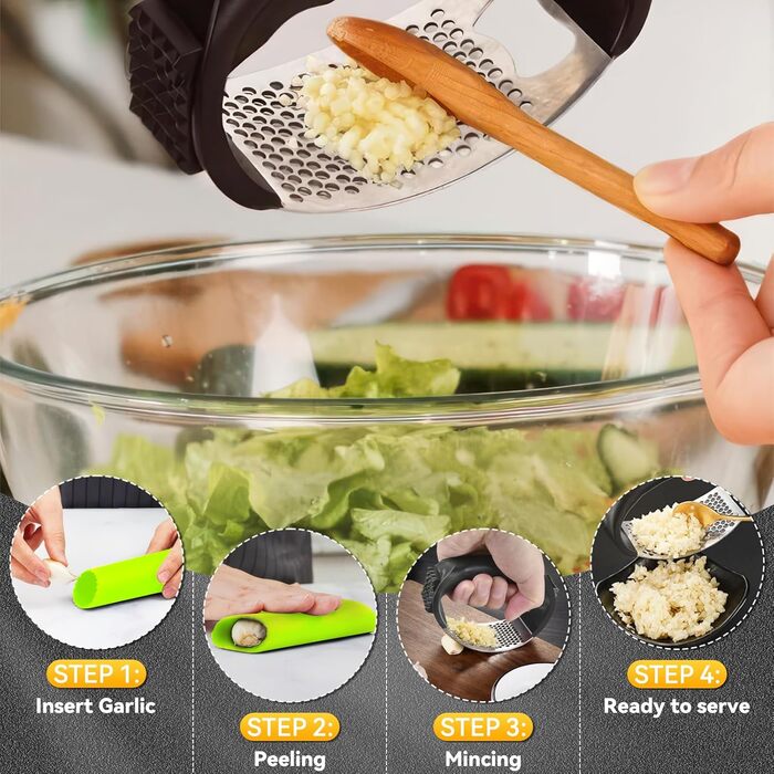 Прес для часнику Wippe з нержавіючої сталі, багатофункціональний, з очищувачем та щіткою для чищення. Підходить для часнику, імбиру та іншого. Можна мити в посудомийній машині.