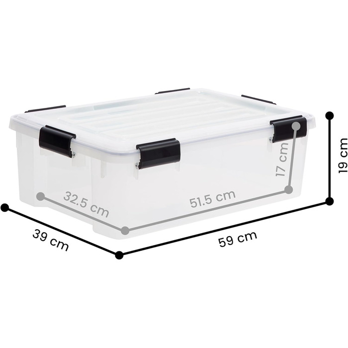 Iris Ohyama Airtight Plastic Storage Boxes with Lids, 50L, Set of 4, Hermetic Waterproof Seal, Robust Snap Closures, Stackable, Dustproof, BPA-Free, DDAT-L (Transparent, 30L x 6)