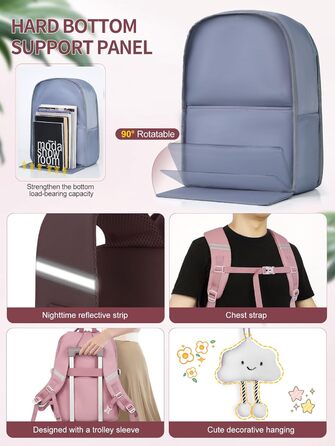 Шкільний рюкзак FIORETTO для дівчаток-підлітків, рюкзак для жінок з відділом для ноутбука 15,6', водонепроникний, легкий, 25L, для школи та подорожей, рожевий