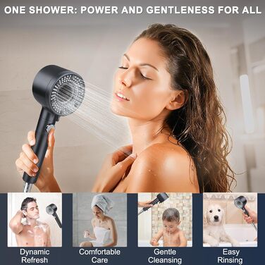 Насадка для душу з шлангом 2 м, фільтрована ручна лійка, високий тиск, економія води з мінеральними кульками, 5 режимів, стоп-функція для жорсткої води, залишків хлору, бактерій та важких металів, сірого кольору з шлангом