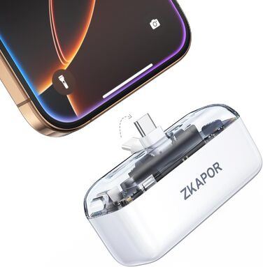 Портативний Power Bank ZKAPOR 5000mAh з USB-C, 20W PD, білий. Швидка зарядка для iPhone, Galaxy та USB-C телефонів