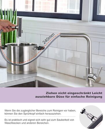 Кухонний змішувач iVIGA висувний з дозатором, водоспад, 360° поворот, 3 режими, щіткова нікель, T-подібний