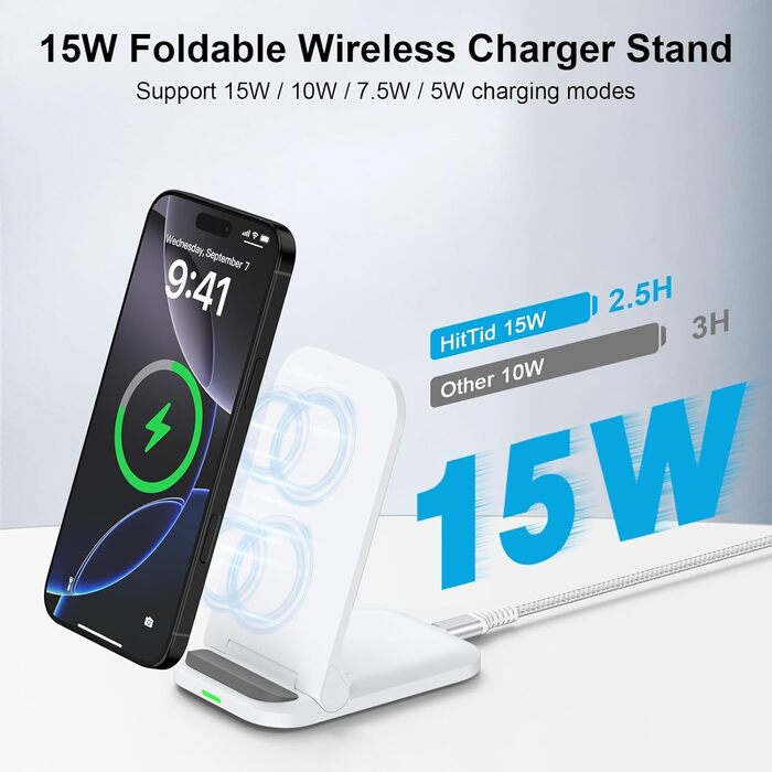 Бездротова зарядка 15W Stand для Samsung Galaxy S25 Ultra, S24 FE, S23, S22, S21, S20, Z Flip6, Google Pixel 9 Pro, 8, 7, 6, iPhone 16, 15, 14 - швидка складна зарядка (білий)