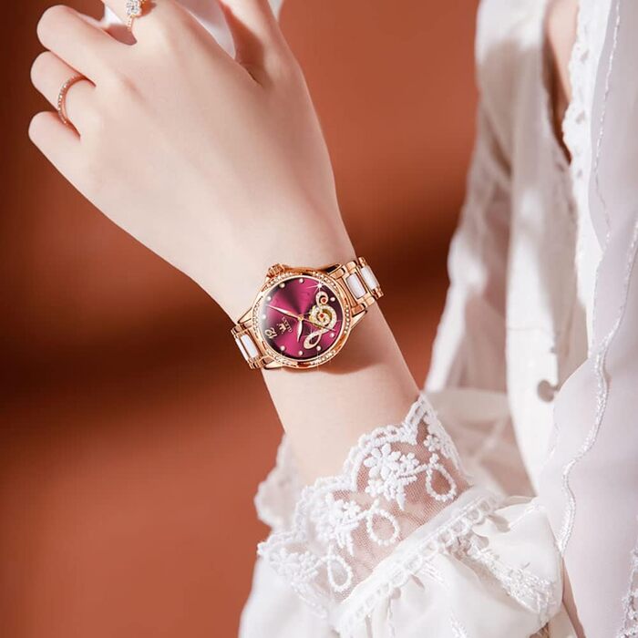 Годинник жіночий OLEVS з рожевого золота з серцем-діамантом, чорно-біле циферблат, кварц, водонепроникний, комплект з браслетом, годинники для жінок, 6656, винний колір