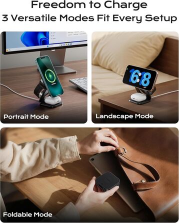 Бездротова зарядка 3-в-1 KU XIU X40 Turbo Qi2.2 25W для iPhone 15/14/13/12, Apple Watch, AirPods, з адаптером GaN 45W, сіра