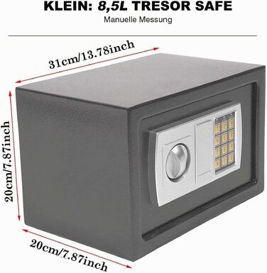 Електронний сейф Klein (31x20x20 см) вогнетривкий сталевий меблевий сейф з кодовим замком та 2 аварійними ключами, сірий