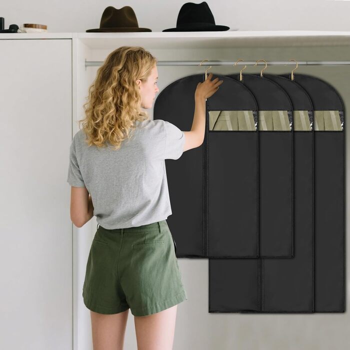 4 місткі мішки для одягу 60x120/100 см, чорні мішки для одягу, захисні чохли для костюмів, курток, вечірніх суконь з блискавкою, мішки для одягу 120 см для костюмів, курток, вечірніх суконь