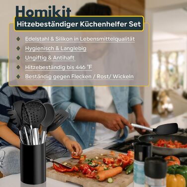 Набір кухонного приладдя Homikit 10 шт. силіконовий з нержавіючою сталлю, чорний, антипригарний, жаростійкий, для посуду, безпечний, можна мити в посудомийній машині