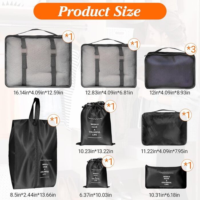 Органайзер для валізи Zorplex, набір 10 шт: кубики для пакування, аксесуари для подорожей, чохли для одягу, взуття та косметики (чорний)