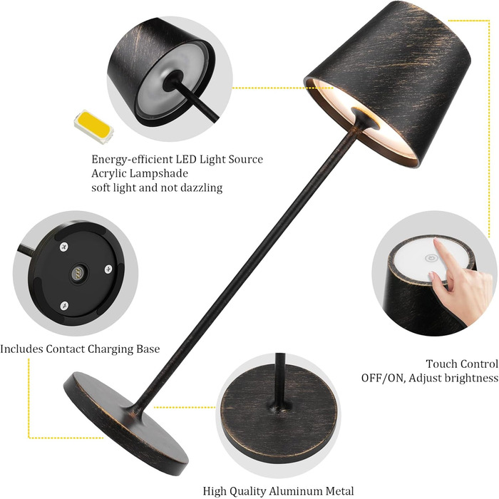 LED настільна лампа K-Bright з димуванням, акумуляторна | Для дому та вулиці | 3000K тепле світло | Дизайнерська лампа з зарядною станцією (2 шт., мідь)