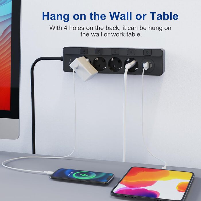 Мережевий фільтр KEPLUG з USB (4000W, 16A) - 6 розеток, 3 USB, індивідуальне вмикання, захист від дітей, 2м кабель, чорний