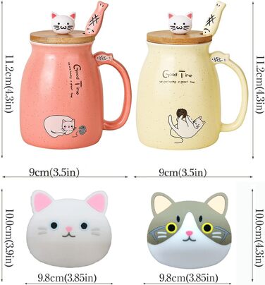 SHENDONG 2-Pack Cat Cups Cute Ceramic Coffee Mugs Set of 2 with Bamboo Lid and Spoon Novelty Morning Cup Coffee-Milk Tea Cups 3D Animal Cat Cups for Cat Lovers Gifts