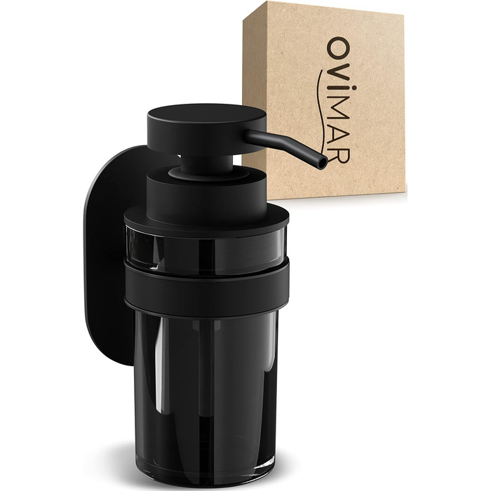 ovimar Soap Dispenser Lokta | black | Wall Mount No Drilling | made of stainless steel and black glass | Large opening | Easy to refill | Suitable for bathroom or kitchen | Hand sanitizer dispenser