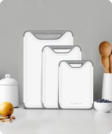 Набір з 3 сірих дощок для нарізання з пластику, стійкі до миття в посудомийній машині, з жолобками для соку, для м'яса, овочів, фруктів, з зручною ручкою