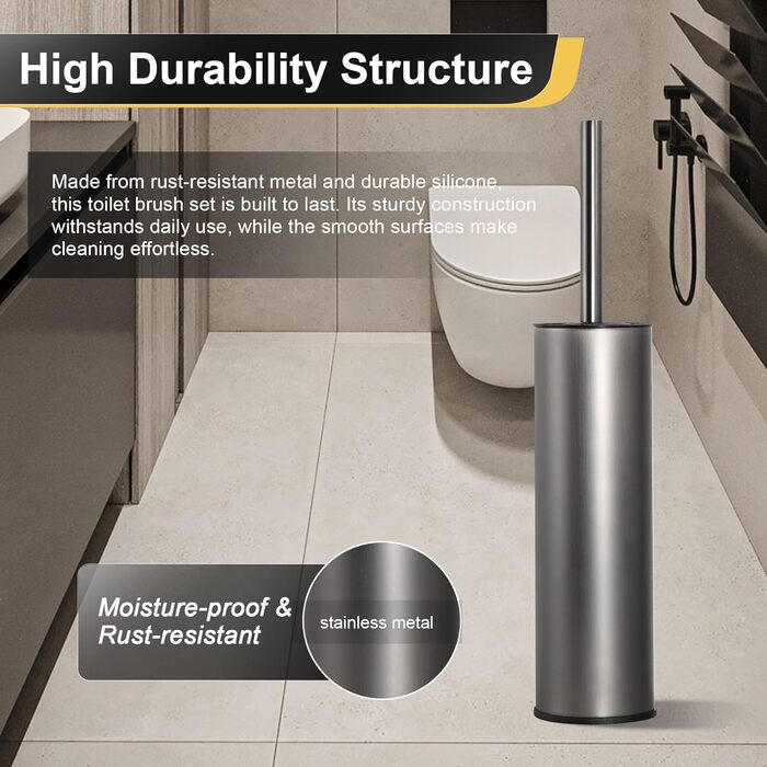 Підлогова щітка для унітазу Dazi металева сіра з 2 щітками для глибокого очищення та захистом від бризок та засмічення