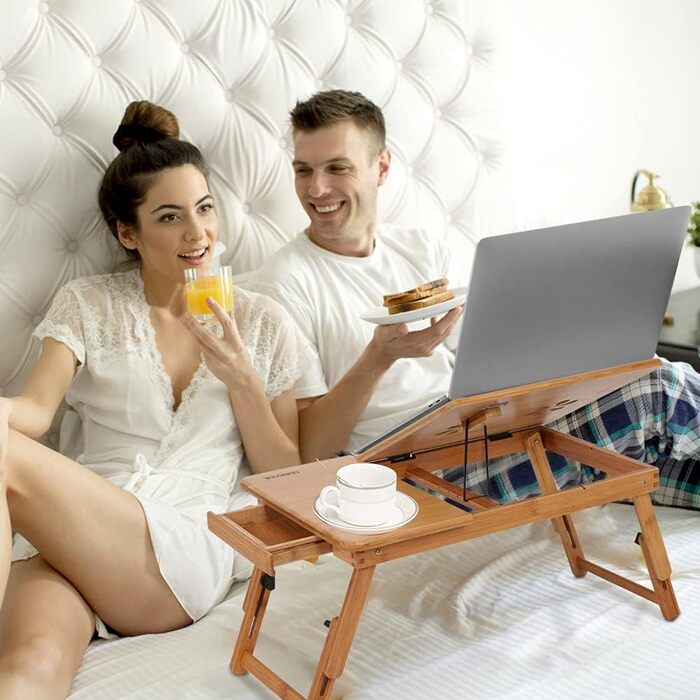 Бамбуковий портативний стіл-підставка для ноутбука з ящиком та вентиляційними отворами, регульований, багатофункціональний для ліжка та дивану