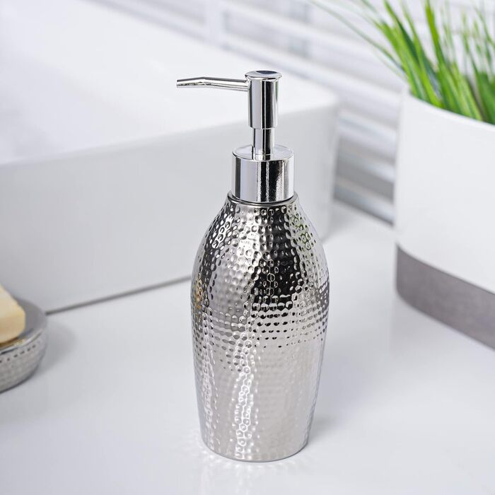 Silver Bathroom Accessories Set – 3-Piece Decorative Ceramic Bathroom Accessories Set with Lotion Soap Dispenser, Toothbrush Holder/Cup, and Soap Dish, Silver Gift Set for New Home Decor