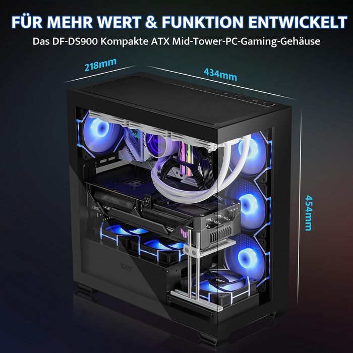 darkFlash DS900: Чорний корпус для ПК ATX Mid-Tower з 4 RGB вентиляторами, підтримка водяного охолодження 360mm, Type-C