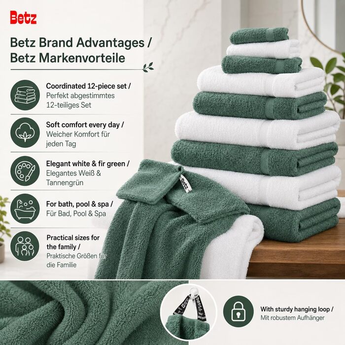 Набір рушників Betz Premium 12 предметів, 100% бавовна, Oeko-TEX, 470 г/м², колір білий/темно-зелений (2 банні, 4 рушники для рук, 2 гостьові, 2 для мила, 2 рукавички)