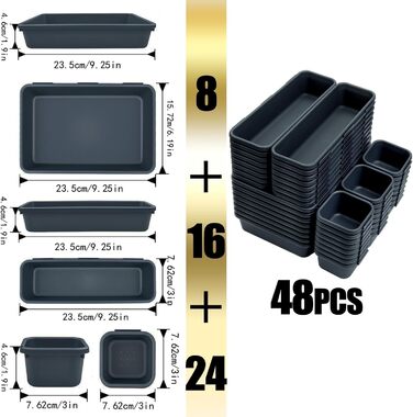 Drawer dividers, 48-piece set, spice organizer, drawer organizer, black separator, bathroom organizer boxes set with 40 silicone non-slip balls, Hemnes dresser, kitchen, desk, utensil organizers.