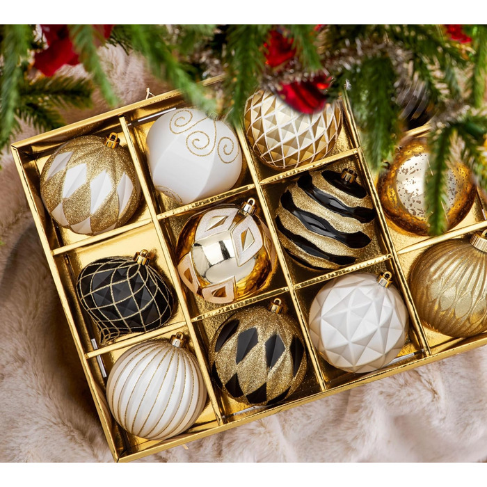 Набір з 12 шт. новорічних кулішок діаметром 10 см, великий набір міцних новорічних кулішок, прикраси для ялинки, новорічні кулі для ялинки, прикраси для ялинки, новорічні кулі з петелькою, чорно-золоті
