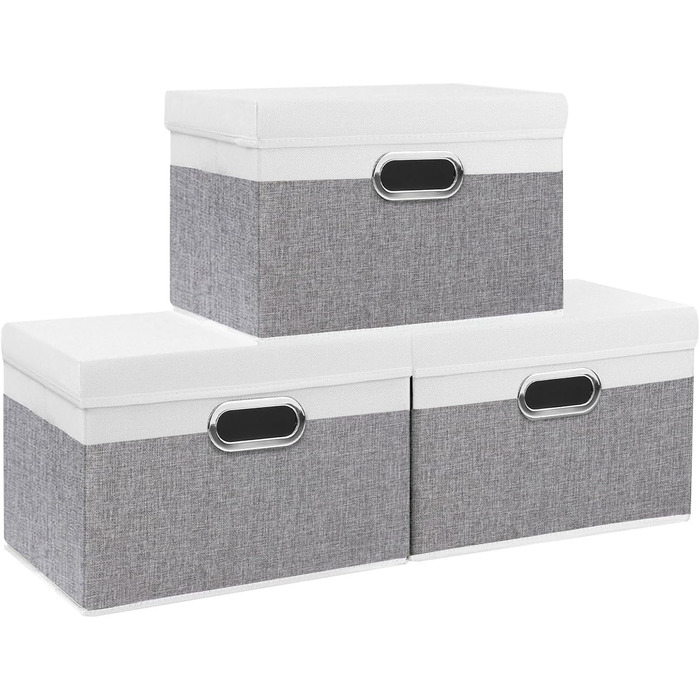 Yawinhe 3-Piece Storage Boxes with Lids, Foldable Fabric Box with Handles, Storage Boxes, for Bedroom, Clothes Storage, 32x23x20cm, SNK023G-3 (32x23x20cm/3-Pack, White/Gray)