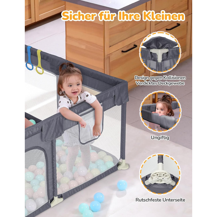 Манеж для дітей Dripex 120x180 см, сірий, з дихаючою сіткою, 300D Оксфорд, безпечний ігровий майданчик