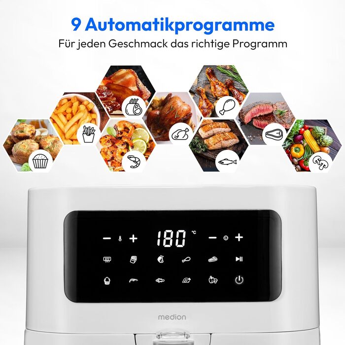 MEDION E40 XL Фритюрниця з гарячим повітрям MD11740 (5.2 л, 2150 Вт, 9 програм, функція випікання, без олії, сенсорне управління, LED дисплей, білий)