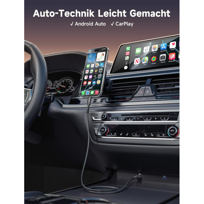 Кабель USB-C JSAUX 2 шт. (2м), 3.1A, нейлон, швидка зарядка, сумісний з Samsung Galaxy, iPhone, CarPlay, PS5