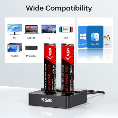 Док-станція для SSD NVMe M.2 (Dual Bay) SSK - 20Gbps, USB 3.2 Gen 2X2, Клонування, для ПК