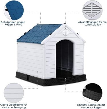GYMAX Будка для собак на вулицю з похилим дахом та піднятим дном, пластикове собаче будиночок, вологостійка собача будка в стилі кантрі (Білий + Синій, 72,5 x 66 x 70,5 см)