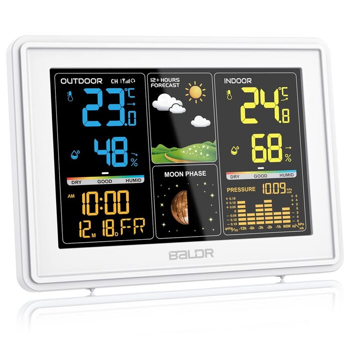 BALDR Weather Station Radio with Outdoor Sensor, Digital Color Display DCF Radio Clock Indoor and Outdoor Thermometer Hygrometer, Radio Weather Station with Weather Forecast, Barometer and Moon Phase, Power Adapter White - with white sensor