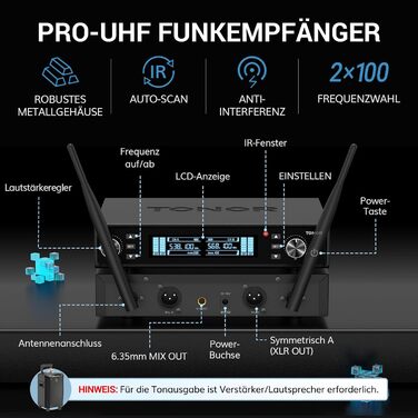 TONOR TW550 Бездротовий мікрофонний комплект з функцією автосканування, PRO-UHF, 2 мікрофони, 80 м радіус дії, 6,35 мм/3,5 мм, для караоке, вечірок, церкви, DJ