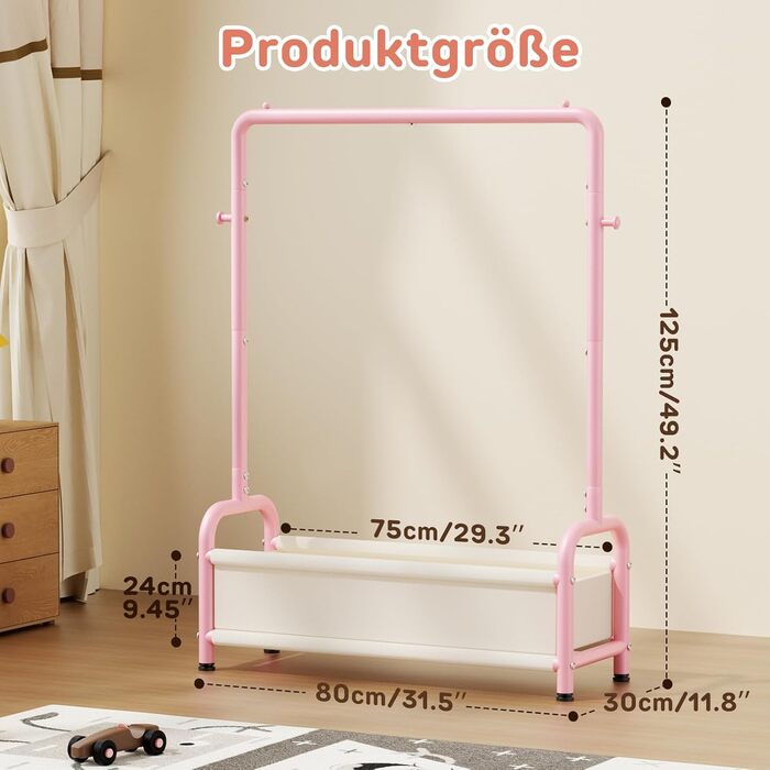 Дитяча вішалка для одягу Kinder Garderobe, 80x30x125 см, рожева. З гачками та кошиком для зберігання, U-подібна основа.