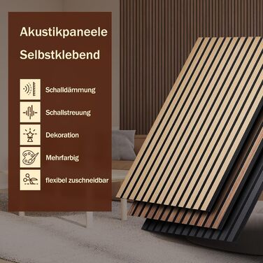 Акустичні панелі з дерев'яного шпону самоклеючі, набір 2 шт. 100x52 см, звукопоглинаючі стінові панелі для шумоізоляції та декору вітальні, офісу, коричневі