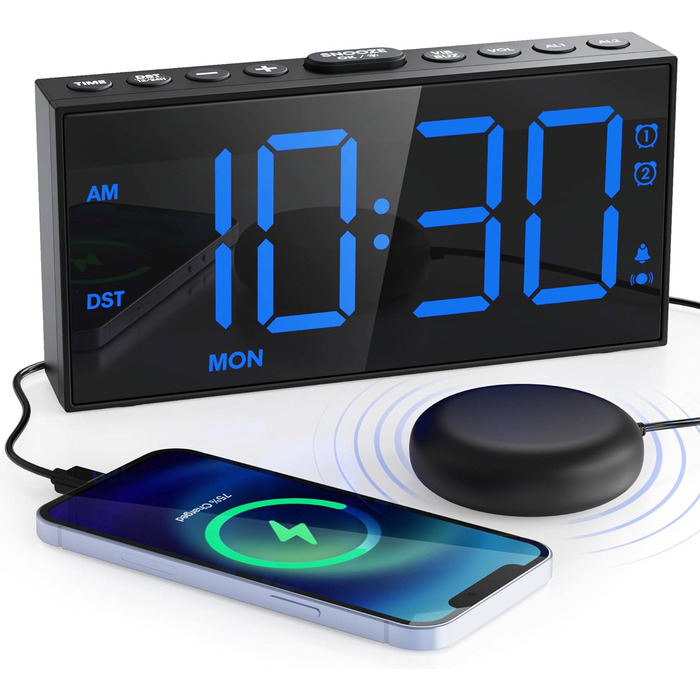 Loud Vibration Alarm Clock for Deep Sleepers, Dual Alarm with Weekend Mode, Large Digital Display, Dimmer, Battery Backup, USB Charger, Vibration Alarm Clock for Deaf/Hard of Hearing Digital Clock