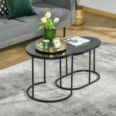 HOMCOM 2-Piece Round Oval Nesting Coffee Table Set - Holds up to 30 kg, Stackable - MDF & Steel Coffee Table, Black - Ø50 x 50 x 5H cm - For Living Room