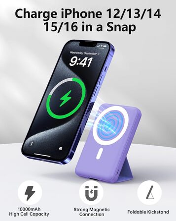 Powerbank Yiisonger Magsafe 10000mAh з бездротовою зарядкою, LED-дисплеєм та USB-C кабелем (фіолетовий)