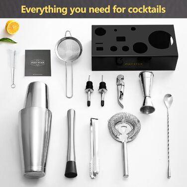 Набір бармена для коктейлів Mixology: шейкер бостонський, стійка, аксесуари з нержавіючої сталі для домашнього бару