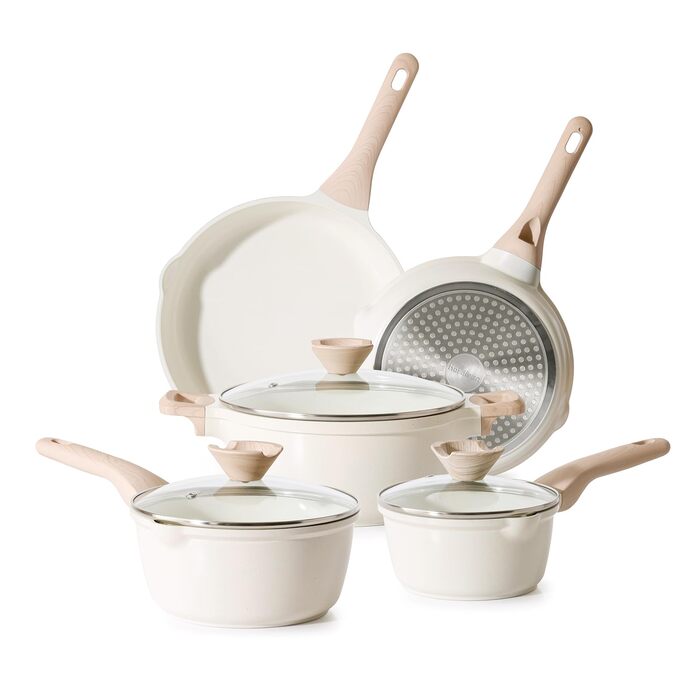 Набір посуду Kordisen з антипригарним покриттям, 5 предметів: каструлі та сковороди, кераміка, білий. Підходить для індукційних плит, без PFOA та PFAS