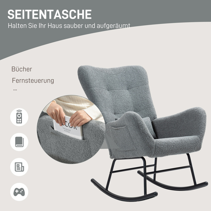 HOMCOM Rocking Chair, Rocking Armchair with Teddy Fabric Look, Armrests, Still Chair with Wooden Skids, Lumbar Pillow, Relax Chair with Side Pocket for Living Room, Bedroom, Grey | Aosom