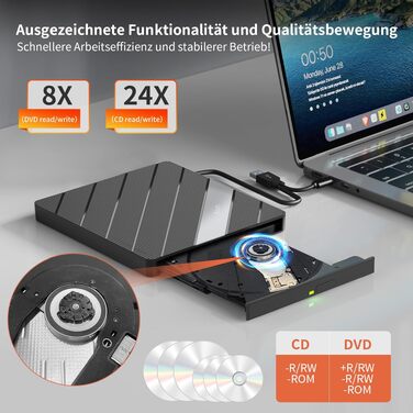 Зовнішній DVD-привід Alxum USB-C 3.0 та USB: CD/DVD плеєр і записувач для ноутбука з картридером SD/TF та додатковим USB-портом, Plug & Play, чорний