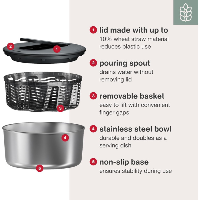 Салатниця-швидкосушарка Zyliss Swift Dry, 6л, з кришкою, BPA-free, неслизьке дно, AquaVent™ технологія, кнопка стоп, придатна для миття в посудомийній машині, сіра