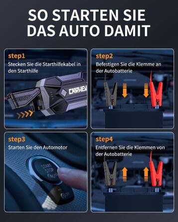 Powerbank для авто Starthilfe: 4500A, 8.0L (бензин/дизель), 12V, LED, Jump Starter з кабелями та 2 USB