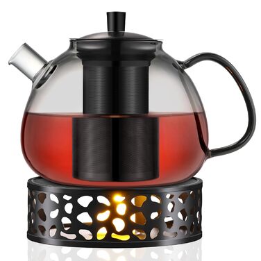 Чайник Ecooe 1.5L зі стійкою, скляний чайник та підставка для чаю з нержавіючої сталі (чорний, 1500 мл)